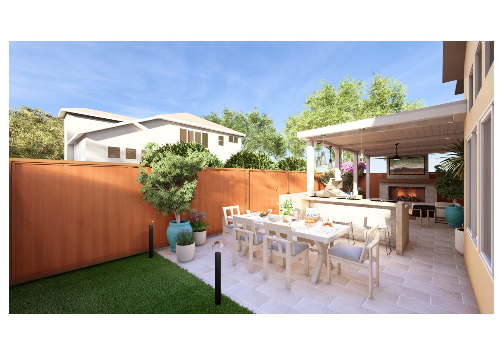 3D render of California Room outdoor kitchen with fireplace and pool patio, Orange County CA