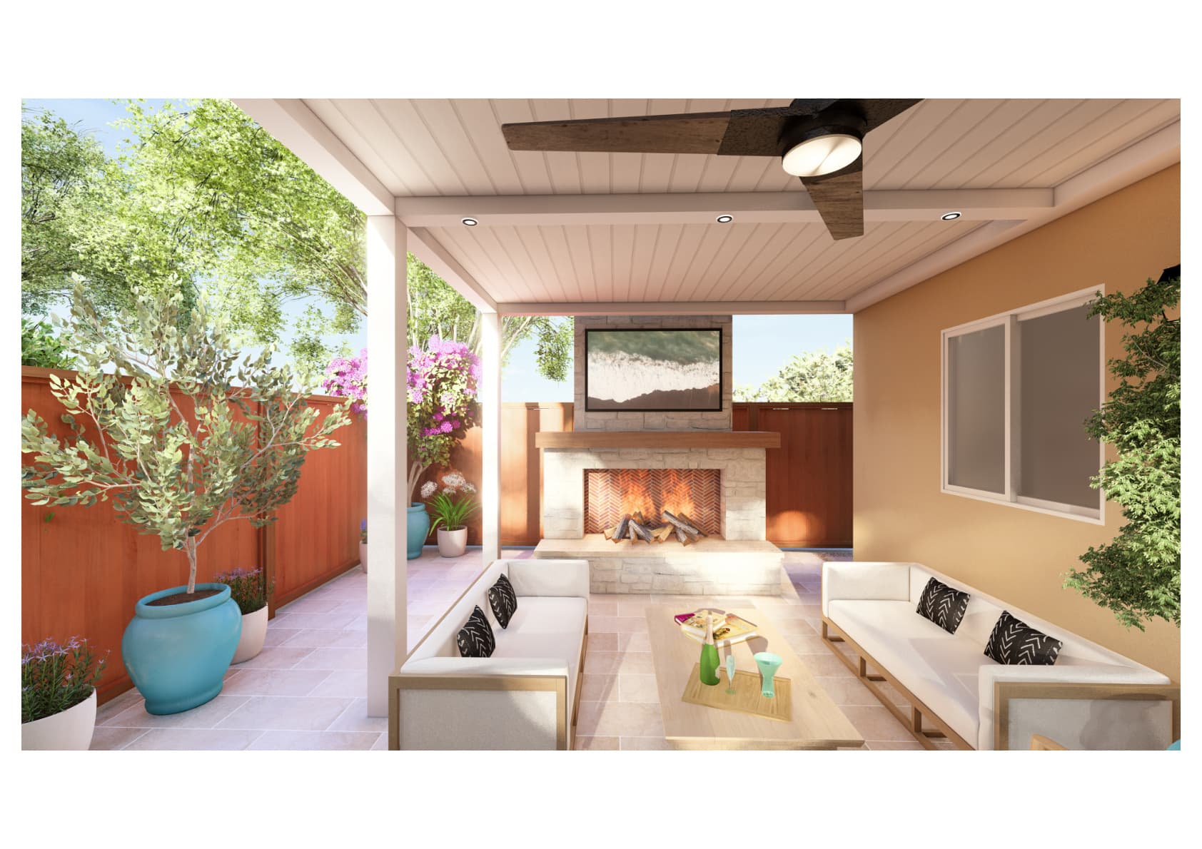 Photorealistic backyard design render with outdoor living space and pool, Orange County CA
