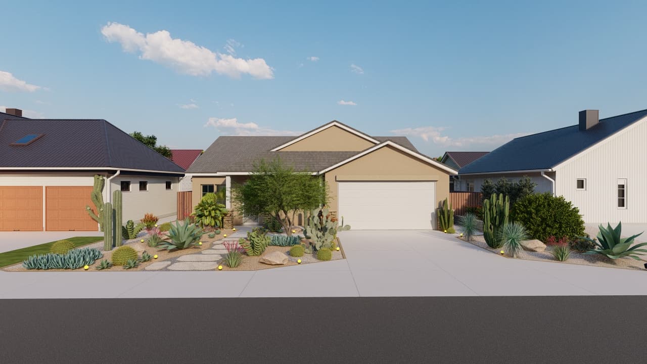 3D xeriscape design render with saguaro cactus and agave, Orange County CA