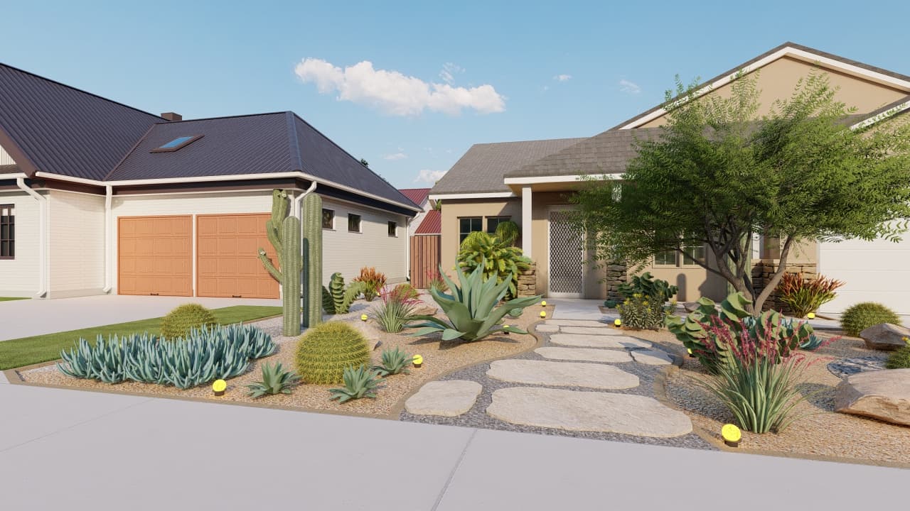 Xeriscape front yard design with flagstone pathways and desert plants, Orange County CA