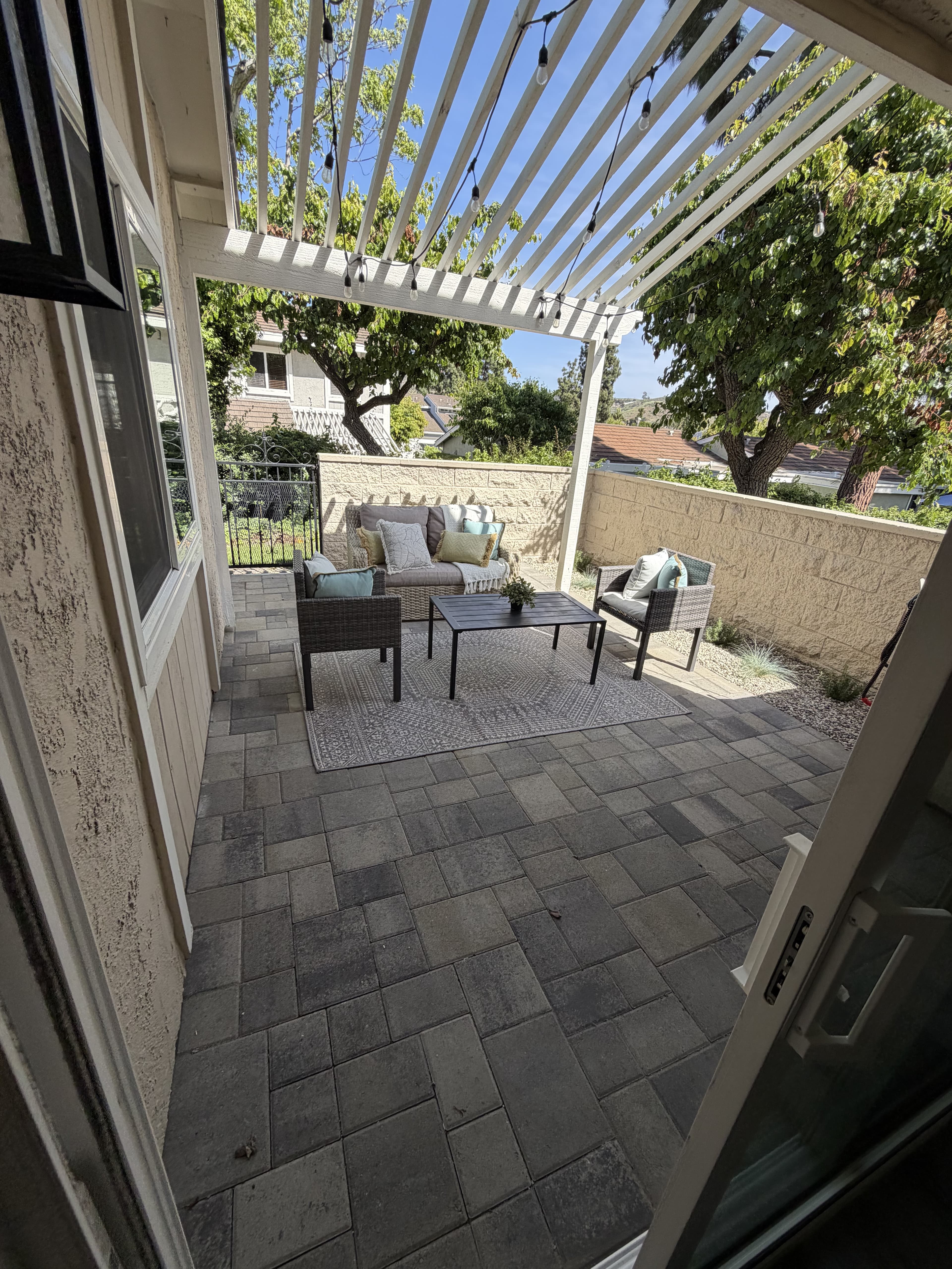 Completed 200 sq ft random pattern paver patio installation, Orange County CA