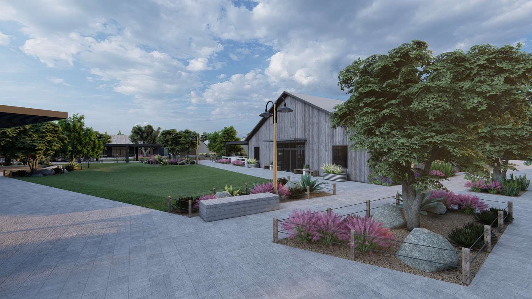 Commercial courtyard landscape design with pergola and paver hardscape, Orange County CA