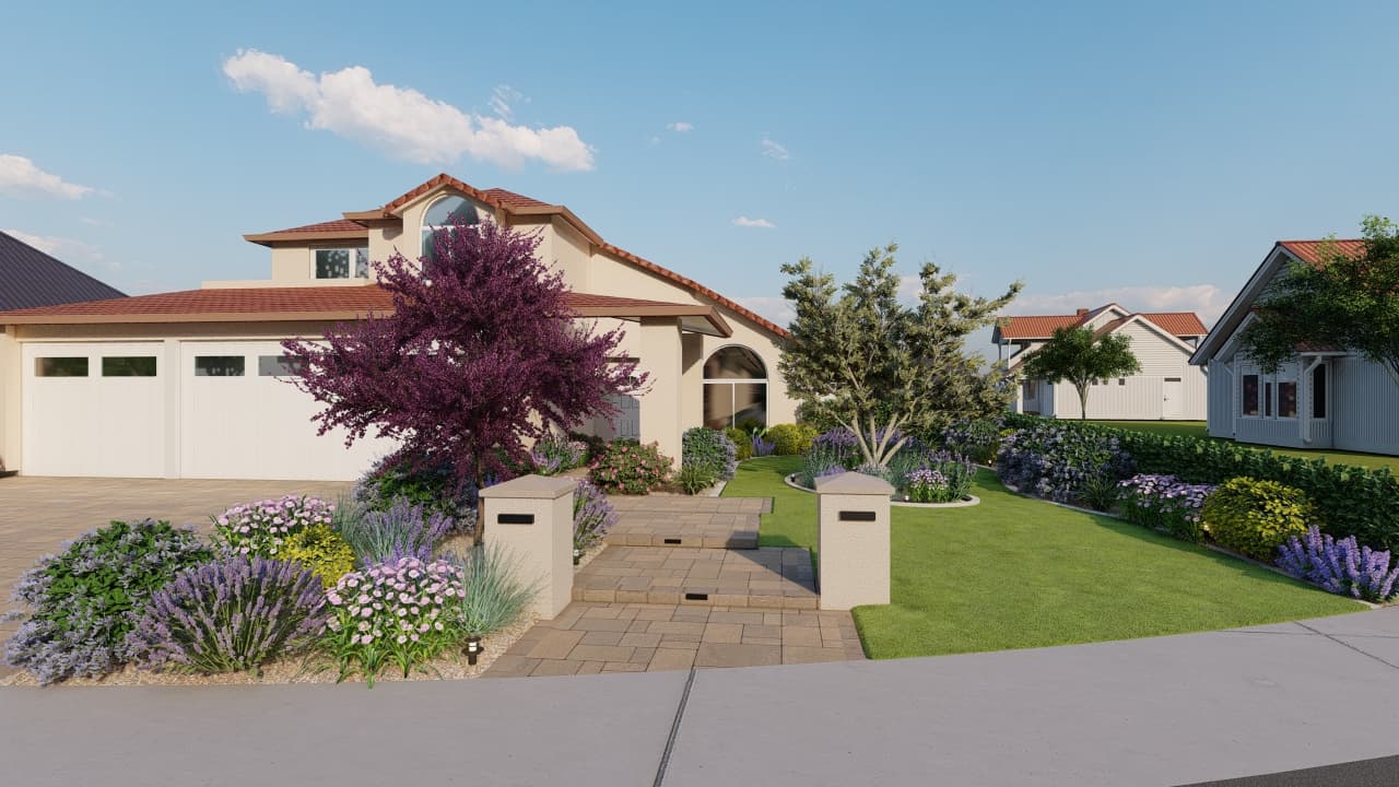 Front yard paver redesign with pyramid column toppers and circle softbed, Orange County CA