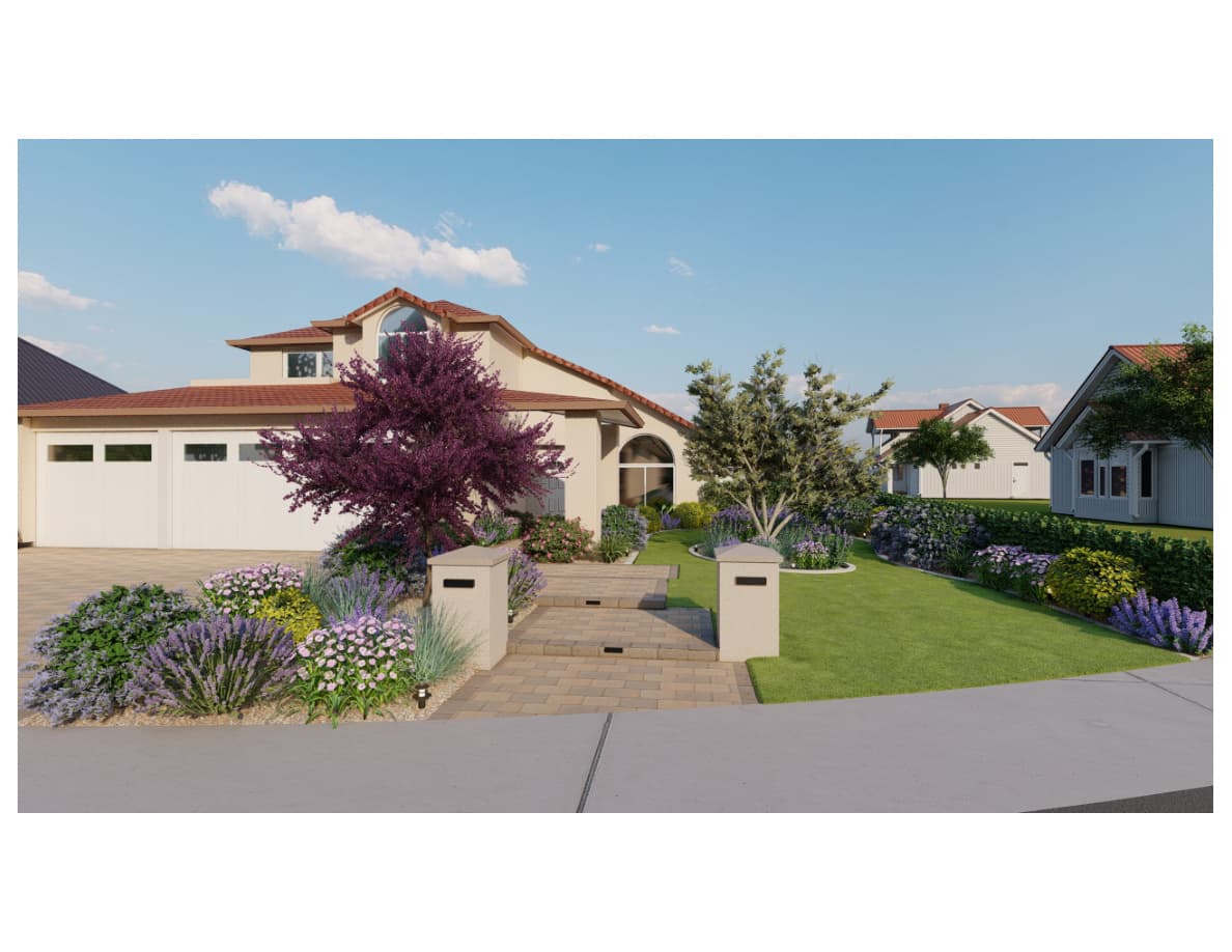3D daytime render of front yard paver redesign with column toppers and circle softbed, Orange County CA