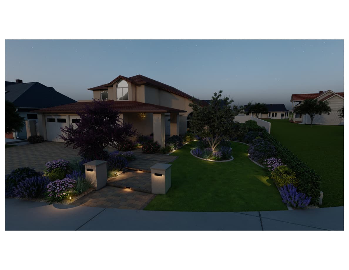 3D nighttime render of front yard paver redesign with landscape lighting, Orange County CA