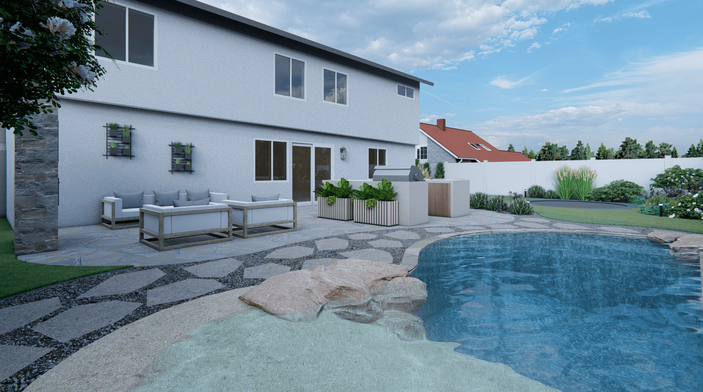 3D landscape design render of backyard pool patio and outdoor living space, Orange County CA