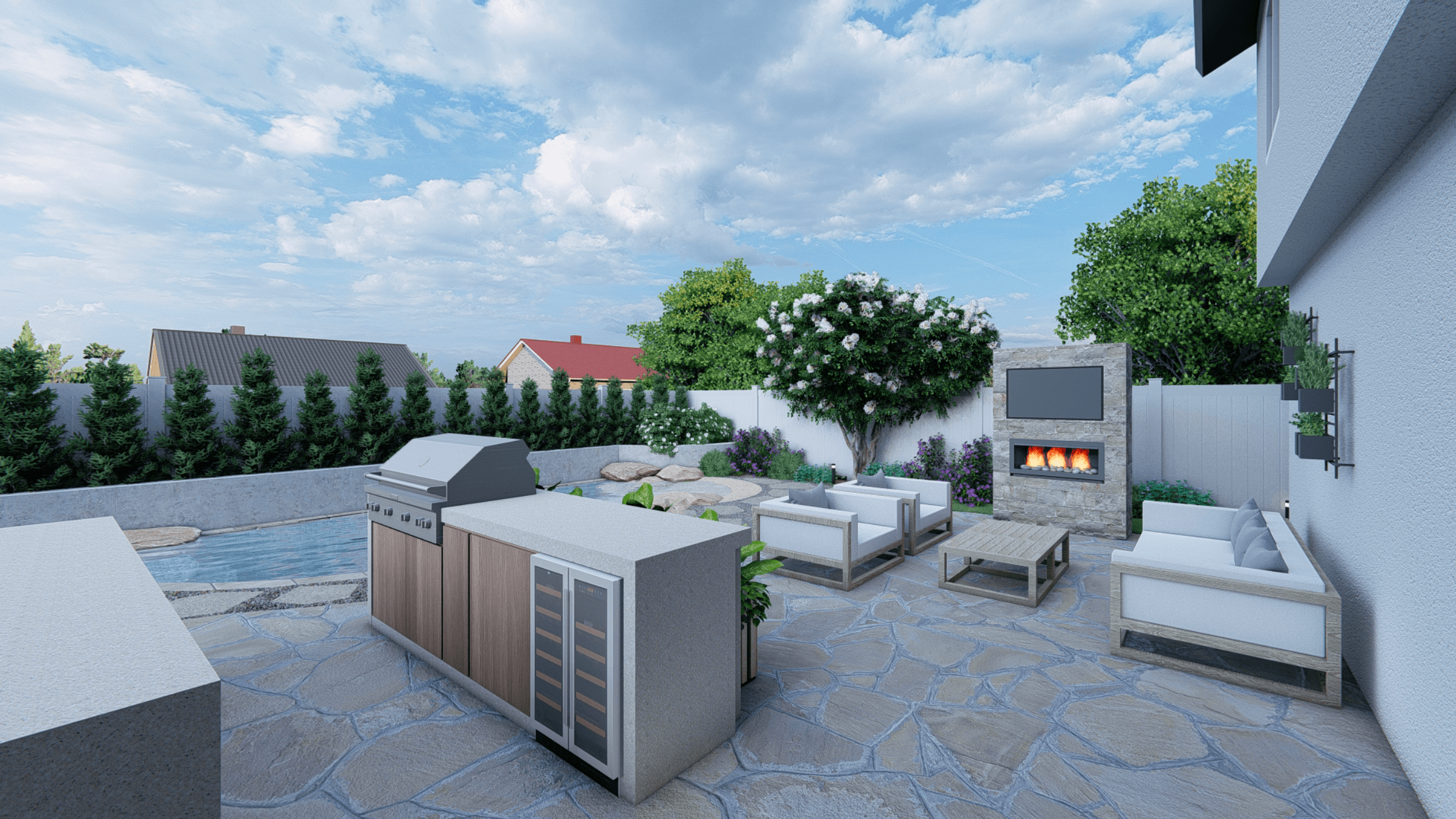 3D design render of outdoor kitchen and fireplace entertaining backyard, Orange County CA